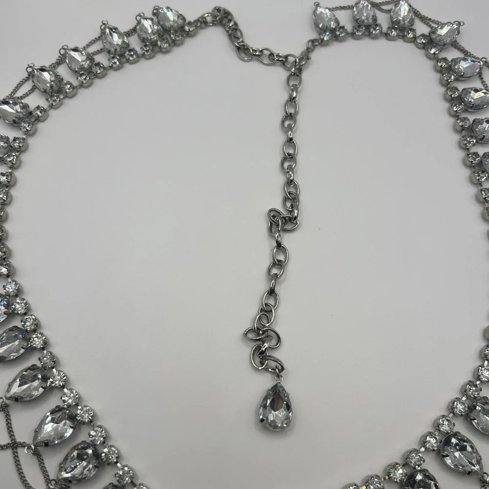 Silver Crystal Rhinestone Chain Belt Pear Cut Draped Tiered Statement Waist Link